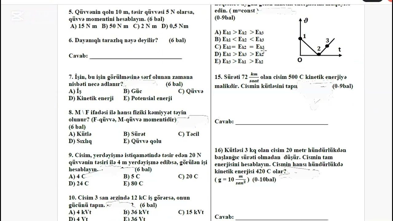 8-ci sinif Fizika KSQ 3-4 YENİ Dərslik əsasında 1-ci yarım ilin son KSQ -si 