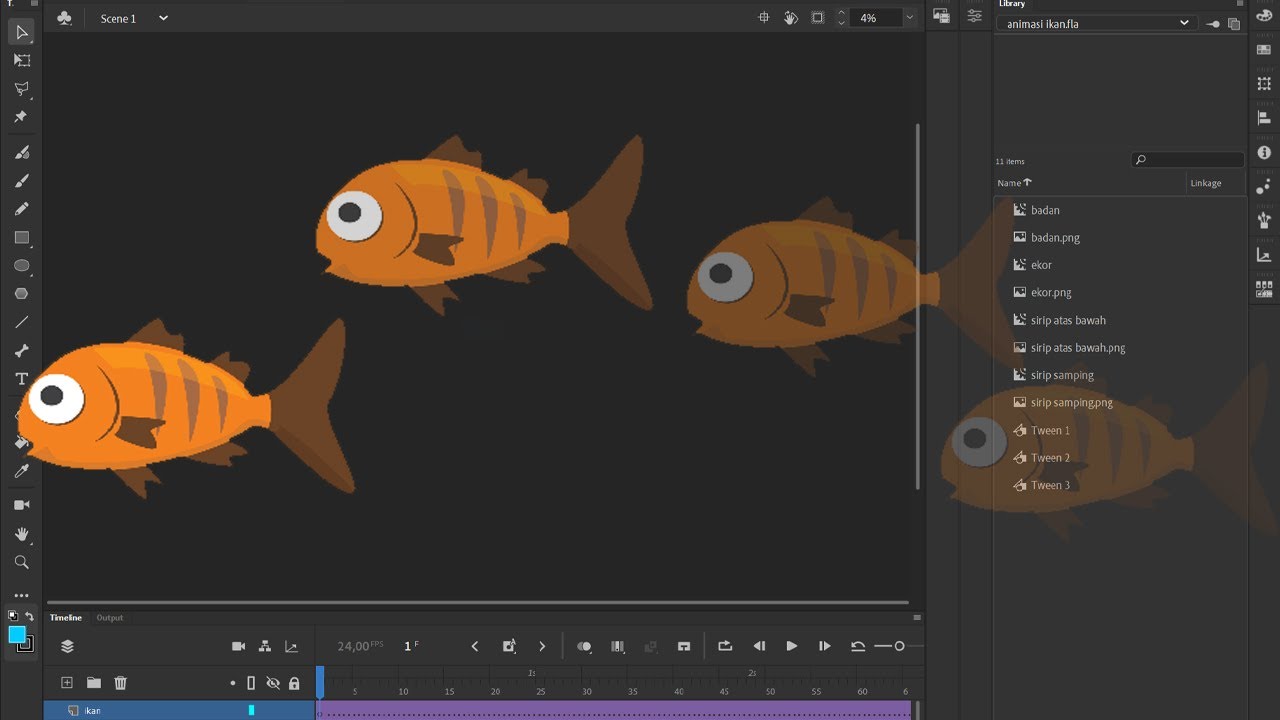 Membuat animasi sederhana menggunakan adobe animate - animasi ikan