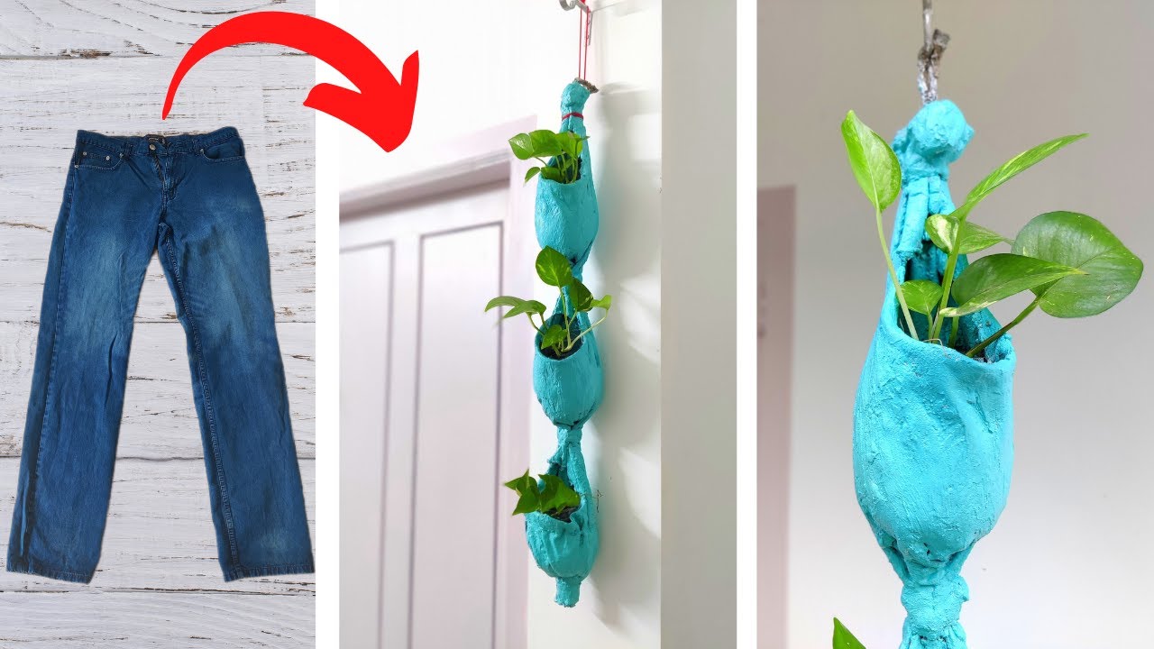 How to make vertical hanging pot using old jeans | Hanging plant ideas |  Hanging decoration ideas