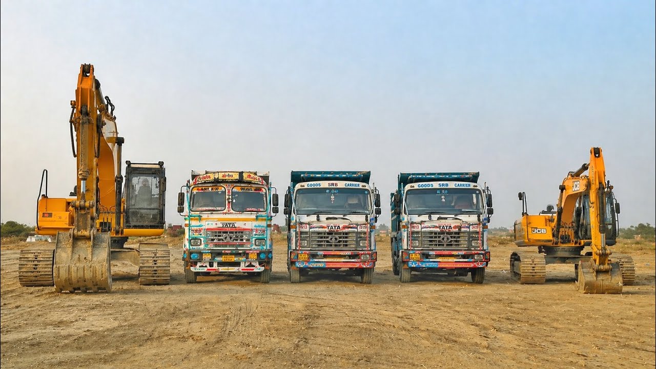 New Yellow 🟡JCB 3Dx Backhoe Machine Loading Mud in 5 TATA Truck 🚚 & Mahindra Tractor Trolley 