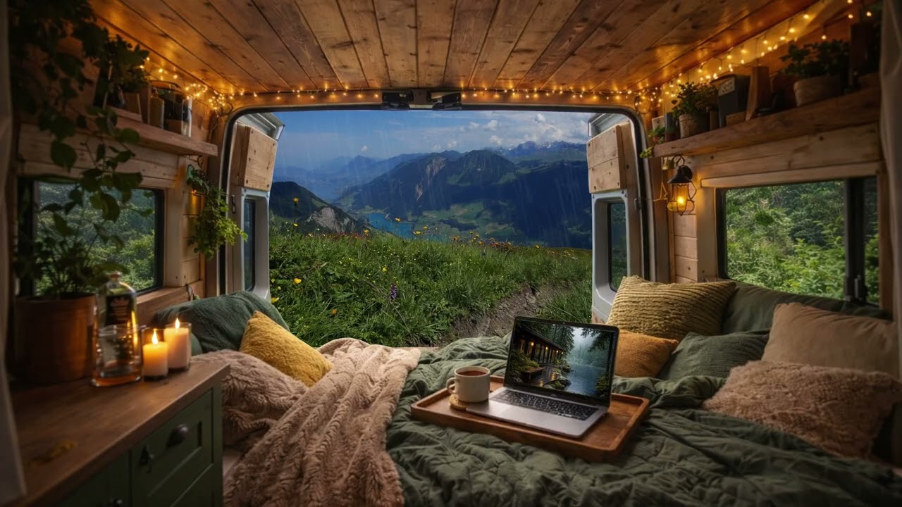 Van Life Rain Ambience | Cozy Camper Interior with Mountain Lake View | Sleep, Relax, Study (4K)