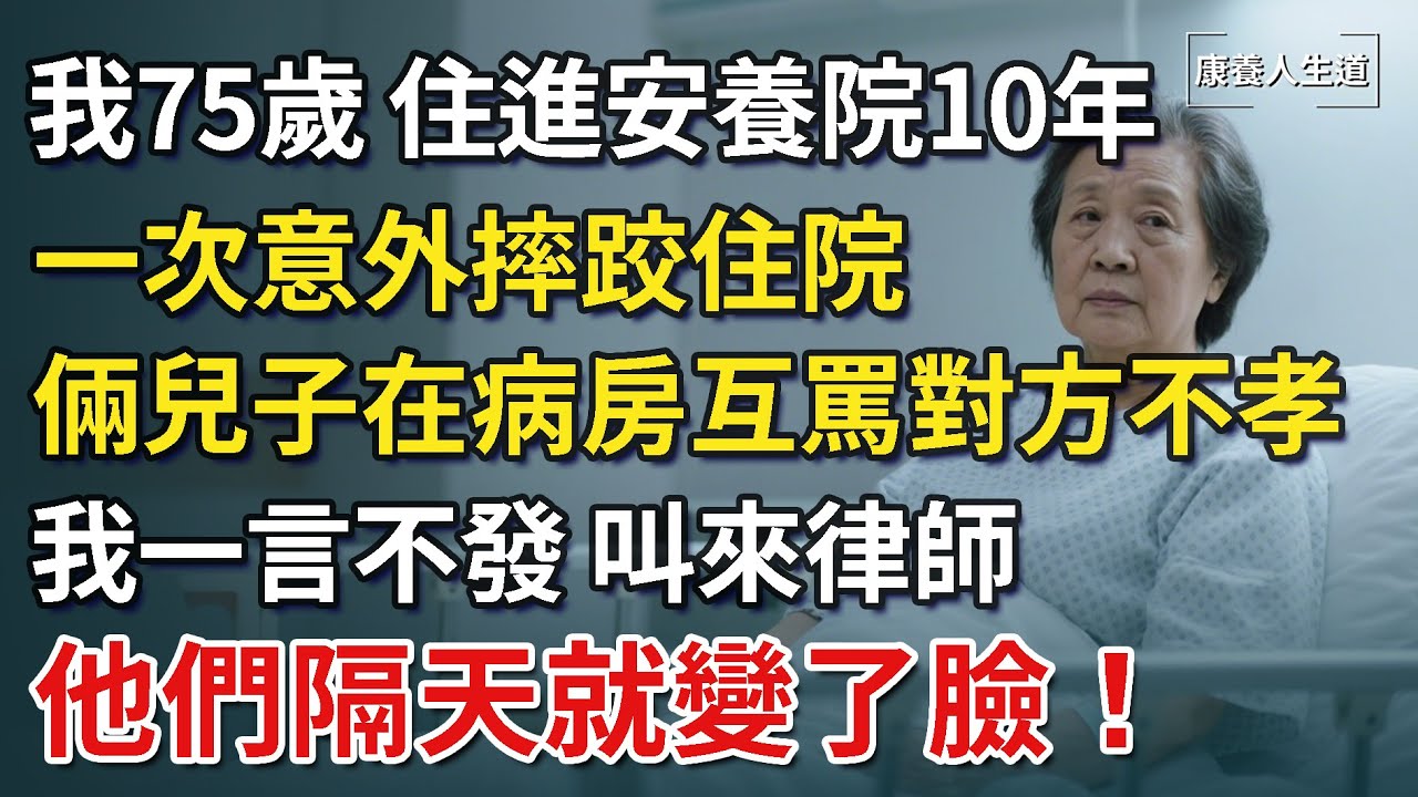 我75歲，住養老院10年無人問，一次意外摔角住院，倆兒子在病床前互罵對方不孝，我一言不發，叫來律師，他們隔天就變了臉！【康養人生道】 #康養人生道 #上了年紀該明白的事 #養老 #聰明老人 #長壽秘密