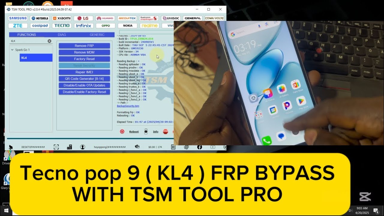 TECNO POP 9 ( KL4 ) FRP BYPASS ANDROID 14 WITH TSM TOOL PRO. NEW TOOL FOR ALL PHONES