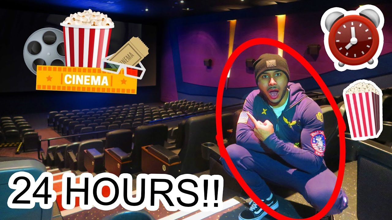OVERNIGHT IN A MOVIE THEATRE CINEMA!! ⏰ 🍿 🎥  24 HOUR FORT CHALLENGE