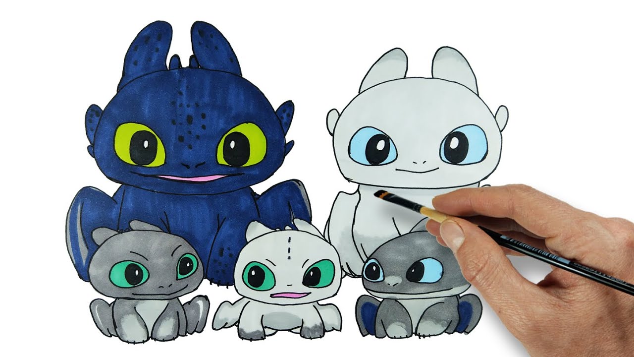 Toothless & Light Fury and Baby Dragons | HTTYD Homecoming | Drawing and Coloring