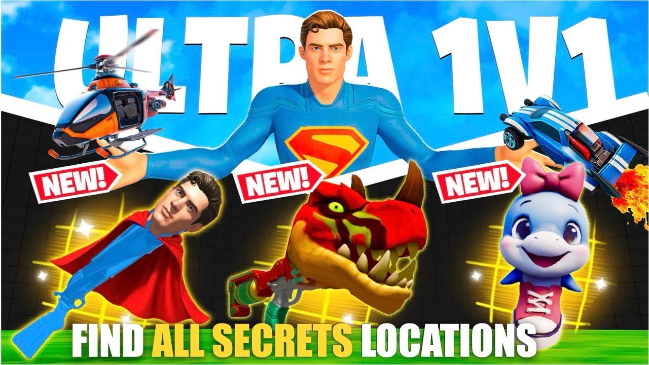 ULTRA 1V1 ALL GUNS & VEHICLES FFA MAP FORTNITE CREATIVE - FIND ALL SECRETS LOCATIONS (PART 1)