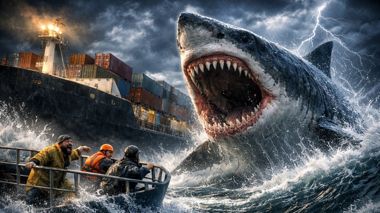Giant Megalodon Stalks a Cargo Ship in the Deep Ocean ai