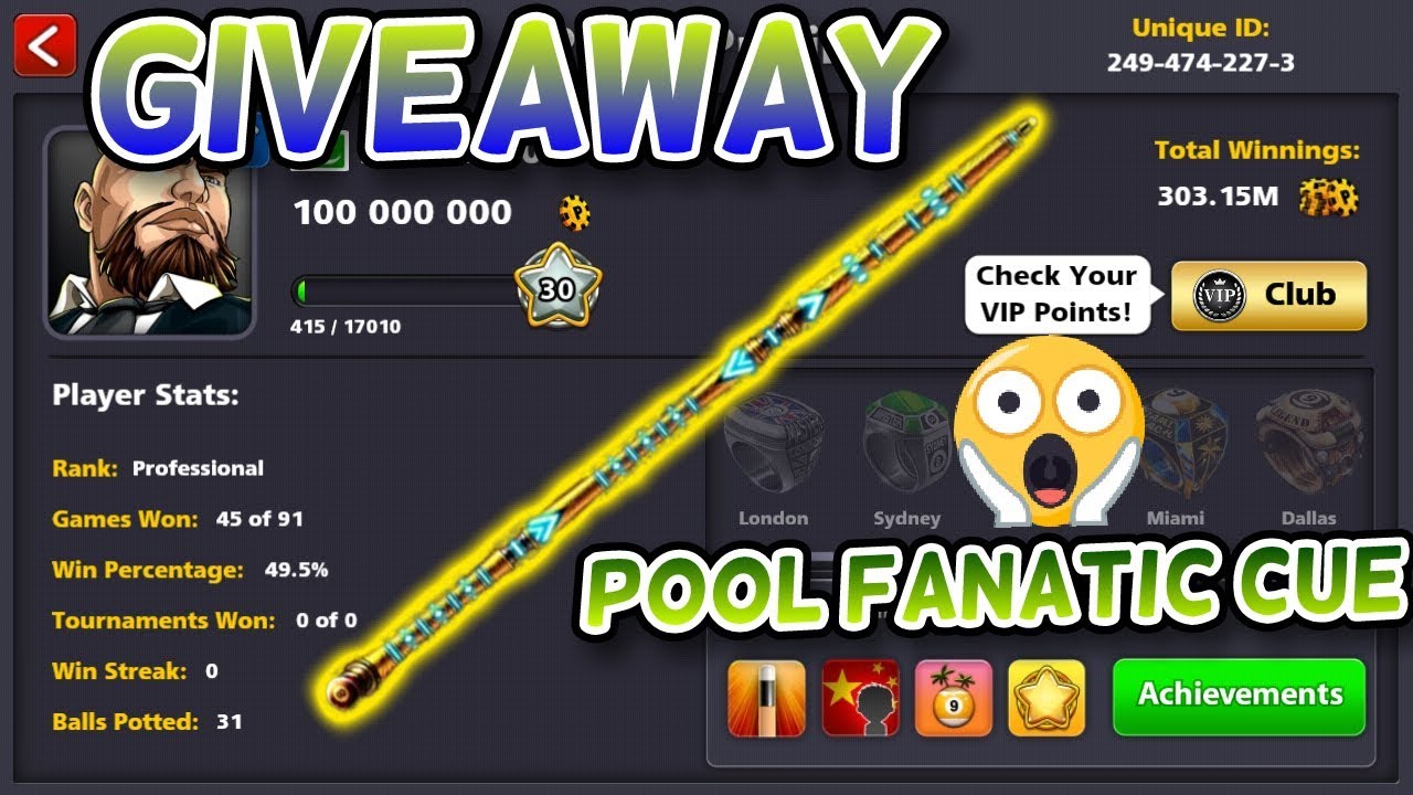 OMG 100M COINS+POOL FANATIC CUE ACCOUNT GIVEAWAY!!