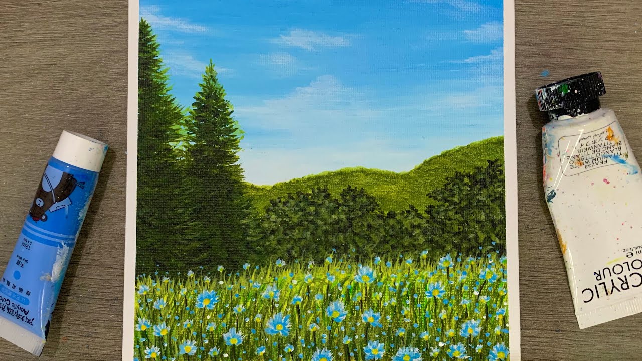 Spring of The Blue Field Painting Step By Step / Acrylic Painting for Beginners 