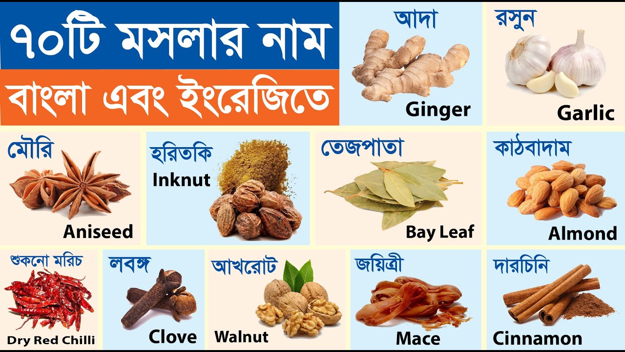 70 Spices Names in Bengali & English | ৭০টি মশলার নাম বাংলা ও ইংরেজিতে | Spices Name | মশলার নাম
