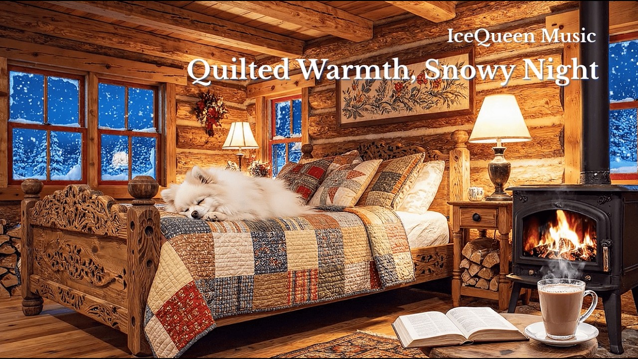 Cozy Winter Cabin Bedroom, Patchwork Quilt & Wood Stove Glow, for Relaxing, Reading, and Deep Sleep