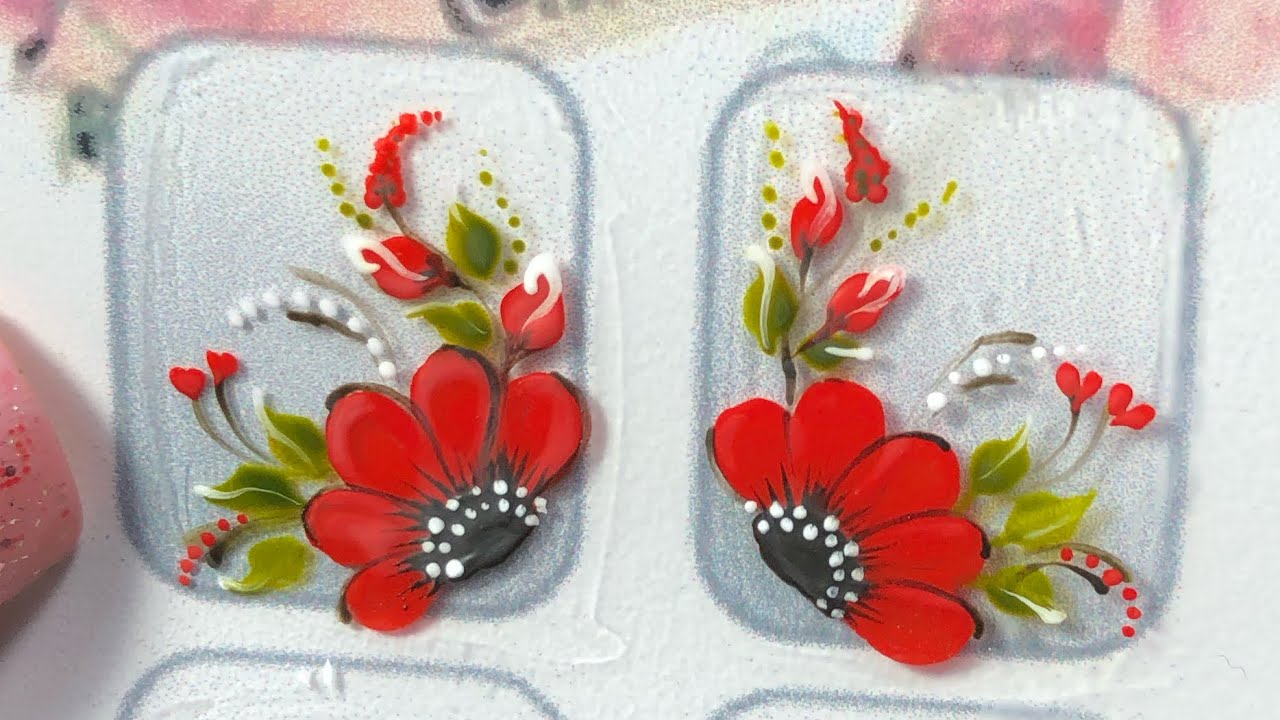 Como fazer flor vermelha com botão :adesivos caseiros para unhas (flor grande para unhas)