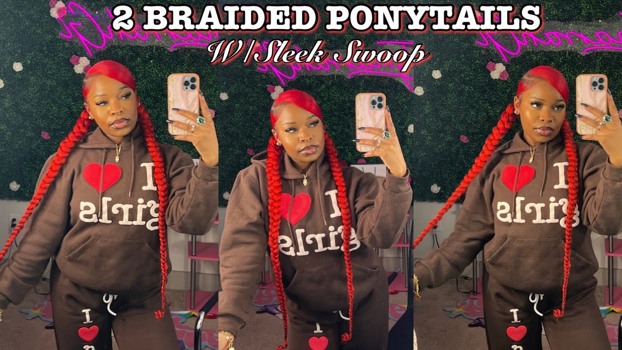 How To :2 LOW BRAIDED PONYTAILS WITH SWOOP WITH BRAIDING HAIR | *Beginner friendly*#protectivestyles