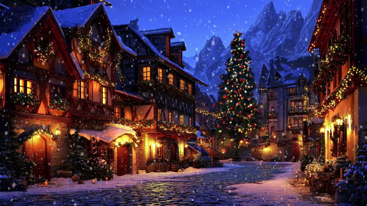 Cozy Winter Town at Night | Soft Piano & Christmas Lights | 4K