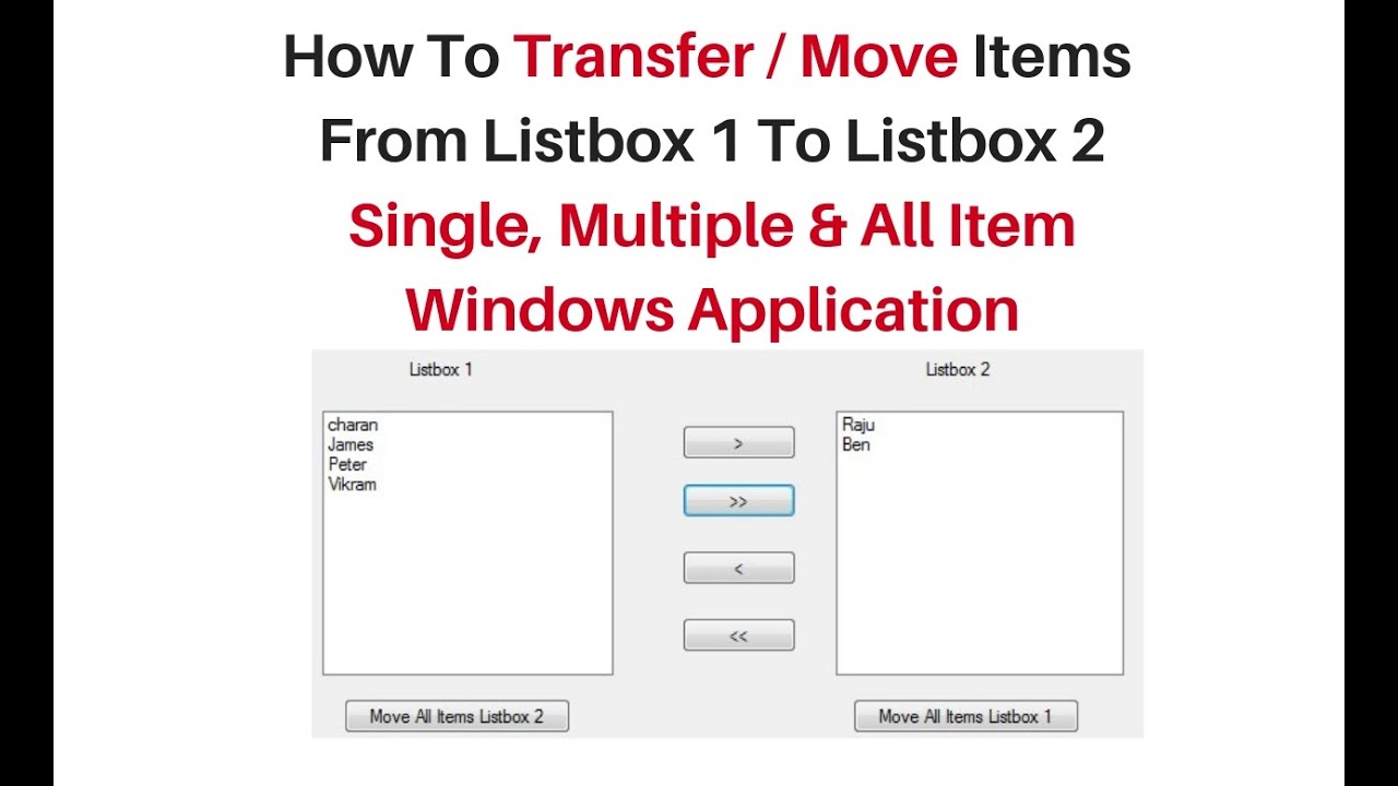 how to move selected listbox items to another listbox in winforms c#4.6