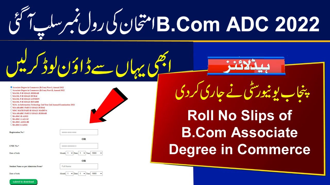 Download Roll No Slips of B Com ADC Part 1 and Part 2 2022 Exams |Punjab University Roll Number Slip
