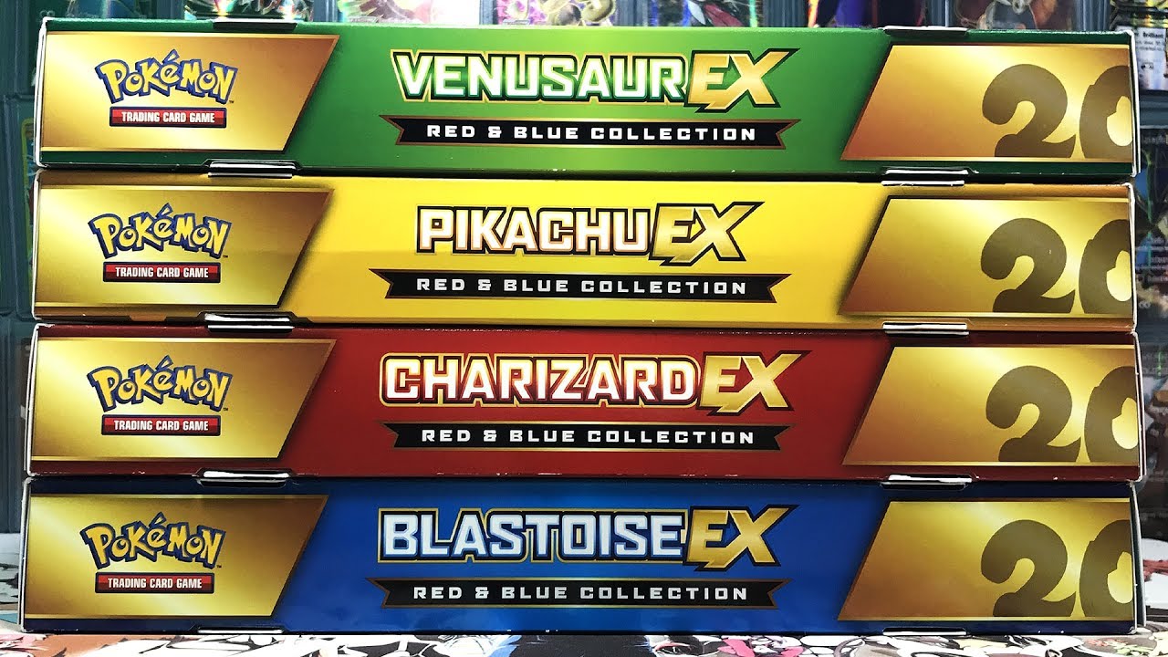 OPENING ALL 4 POKEMON RED AND BLUE COLLECTION BOXES! 16 GENERATIONS BOOSTER PACKS!!