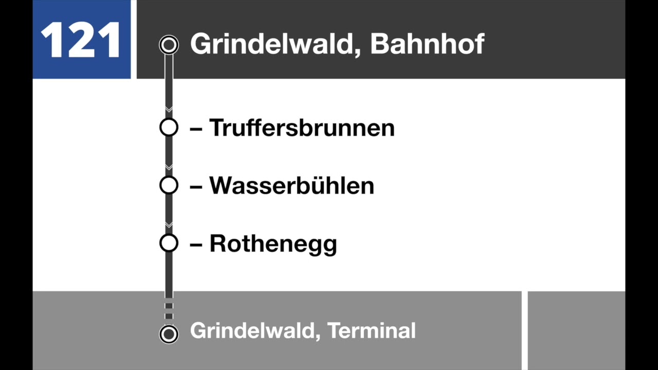 GrindelwaldBus Ansagen • Rundkursexpress 121/122 • Terminal – Pfingsteggbahn – Bahnhof – Terminal