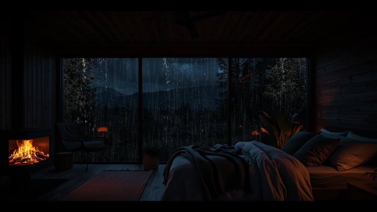 Rainy Night in a Cozy Mountain Cabin 🌧️ Fireplace Ambience for Deep Sleep & Relaxation (8 Hours)