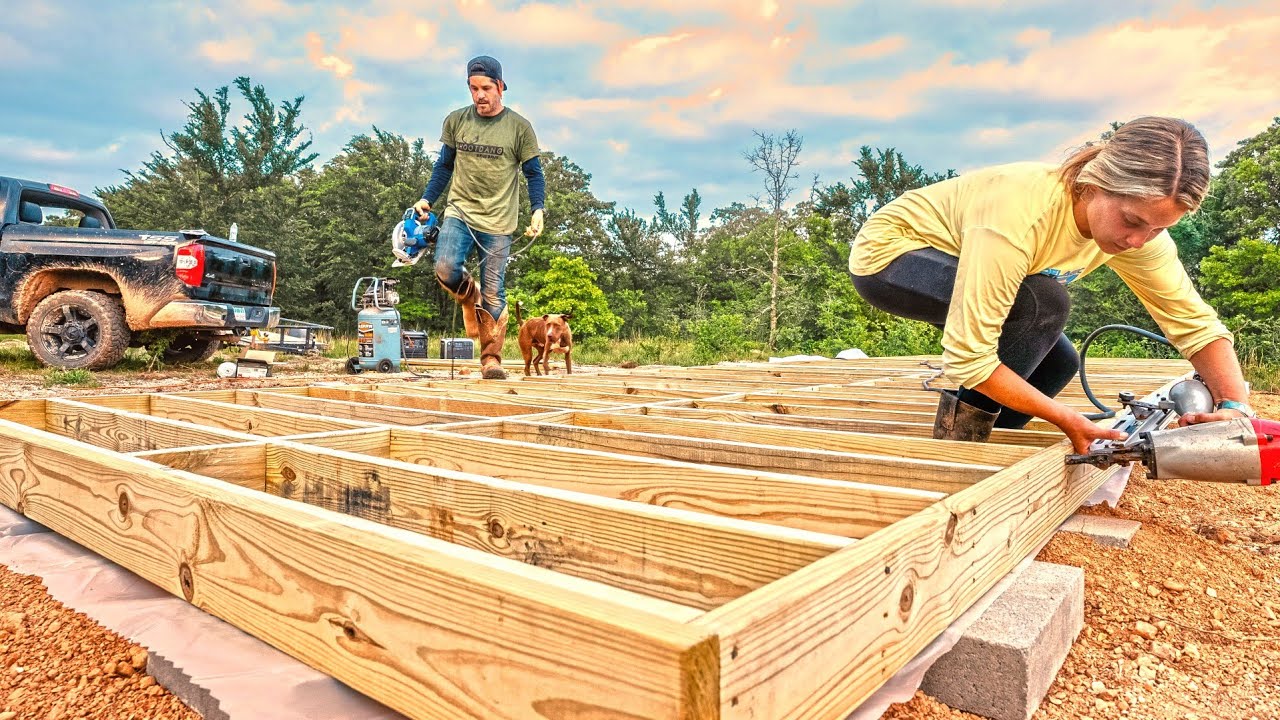 Couple Builds TINY HOUSE Off Grid! Framing The Floor / Farm / Ranch / Homestead Dreams Come True