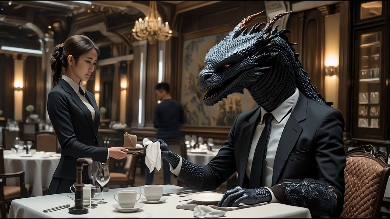 Human waitress hands napkin to Dragon Boss — It reads “Smile. Sniper above Sci-Fi Stories Today