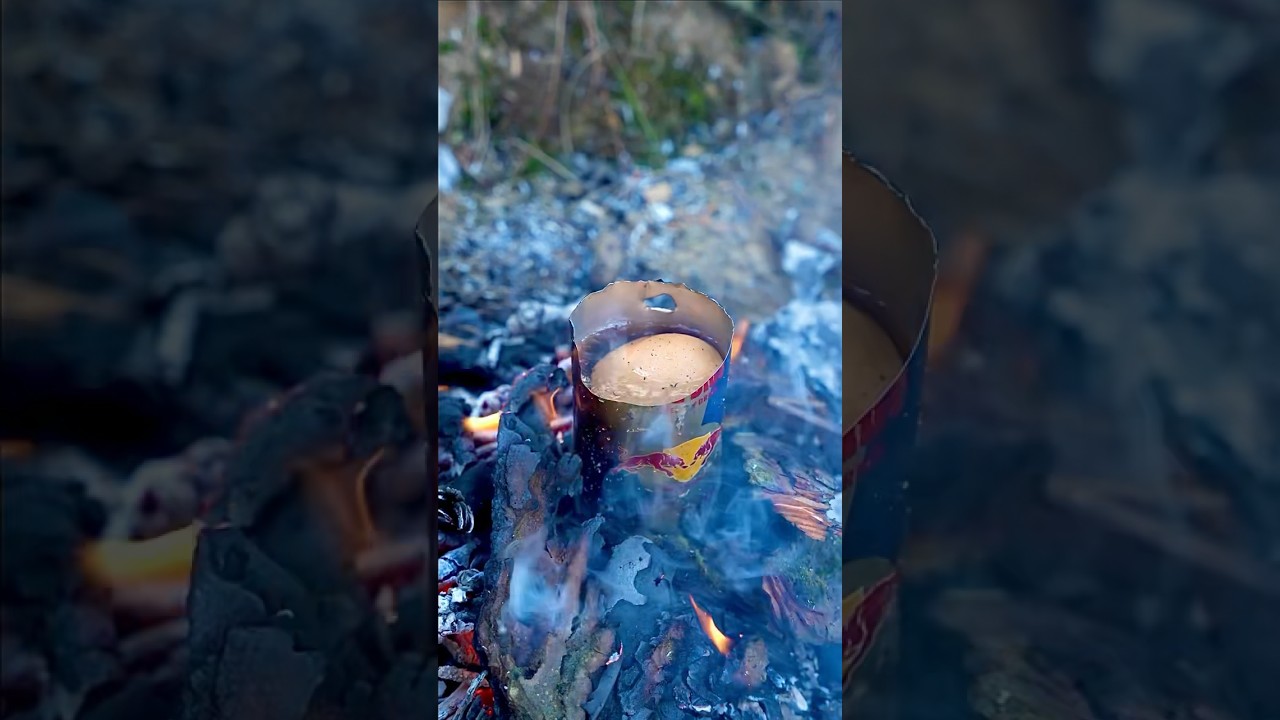 boiling egg in red bull can #boiling #egg #shorts #solocamping #bushcraft #adventure