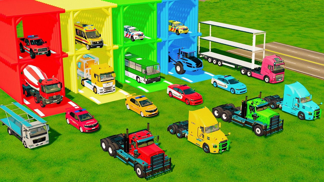 ALL POLICE VEHICLES, FIRE ENGINE, TIPPER AND TANK TRUCK TRANSPORT TO GARAGE - FS22
