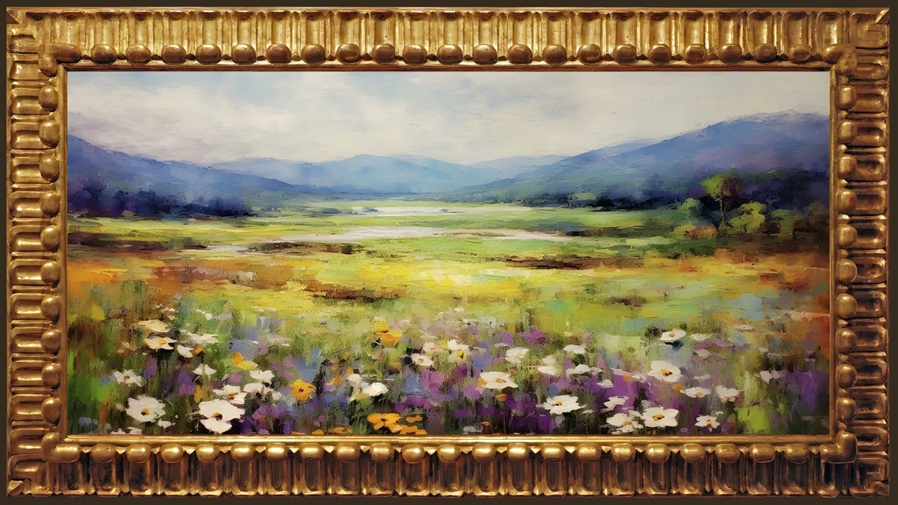 Floral Meadow with Mountain View, Impressionist Oil Painting | Framed Art Screensaver for TV