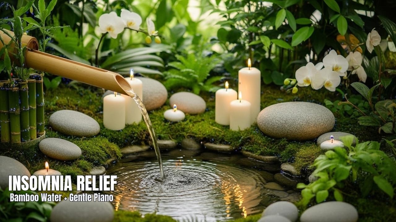 Insomnia Relief: Bamboo Fountain Sounds + Gentle Piano (No Talking) • Live Soundscape