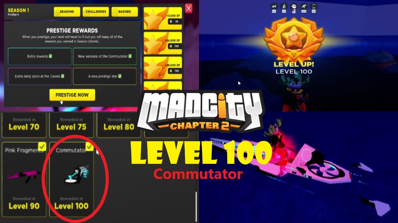 LEVEL 100/PRESTIGE 1 IN MAD CITY CHAPTER 2! COMMUTATOR SHOWCASE! Roblox
