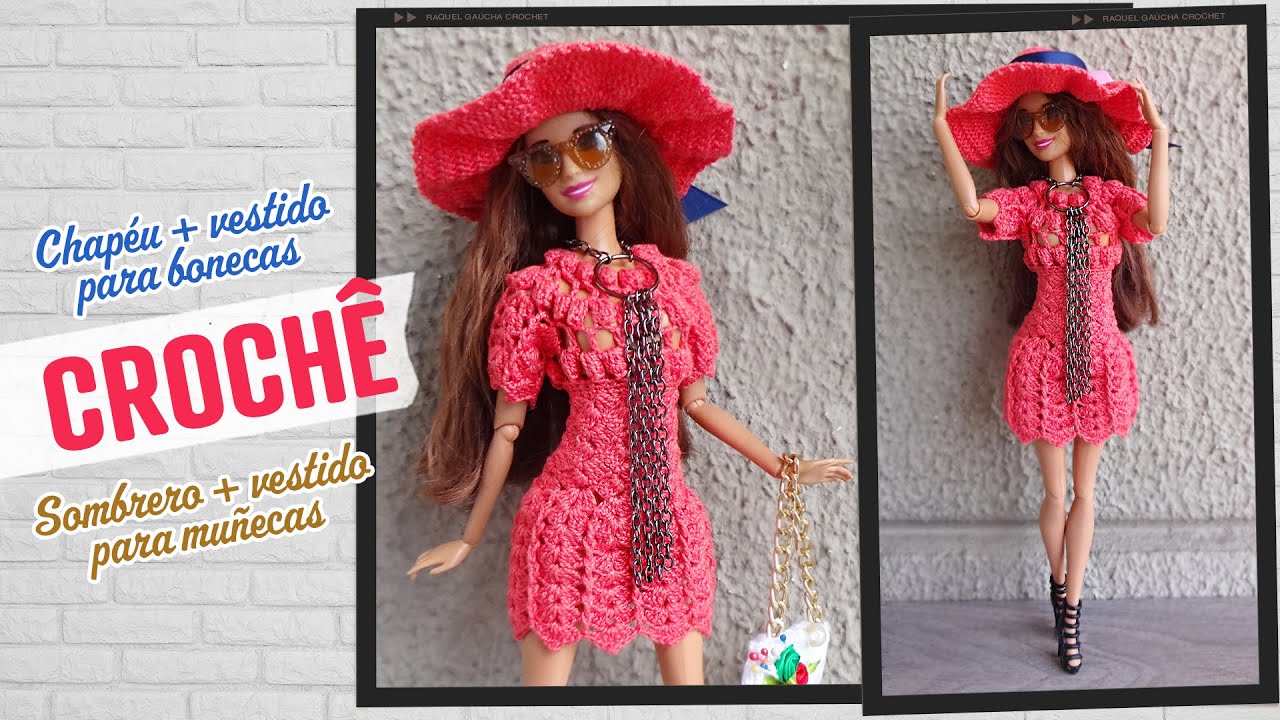 Chapéu e Vestido de Crochê para Bonecas