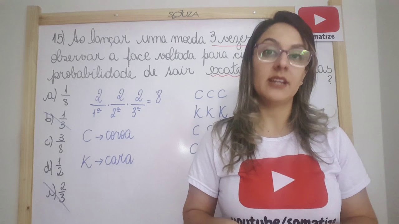 Questão 15 - IF 2018 - Probabilidade - Lançar uma moeda 3 vezes - Prof. Edna