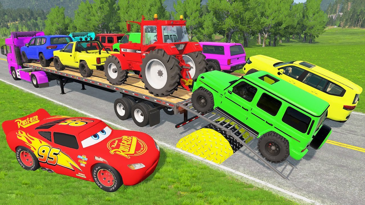Double Flatbed Trailer Truck vs Speedbumps Train vs Cars | Tractor vs Train Beamng.Drive #7
