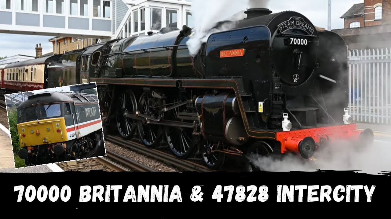 70000 Britannia & 47828 Class 47 at Canterbury East - arrival, close ups and departure with whistle!