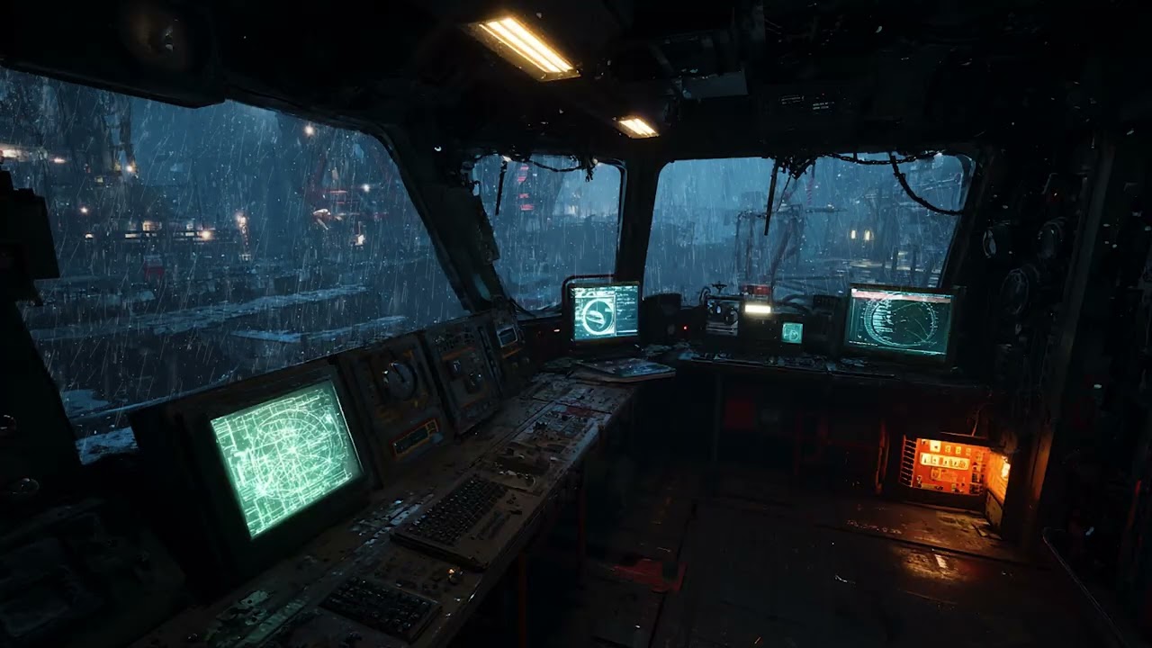 Dark Industrial Ship Bridge with Snowfall and Thunderstorm Sounds for Relaxation and Focus