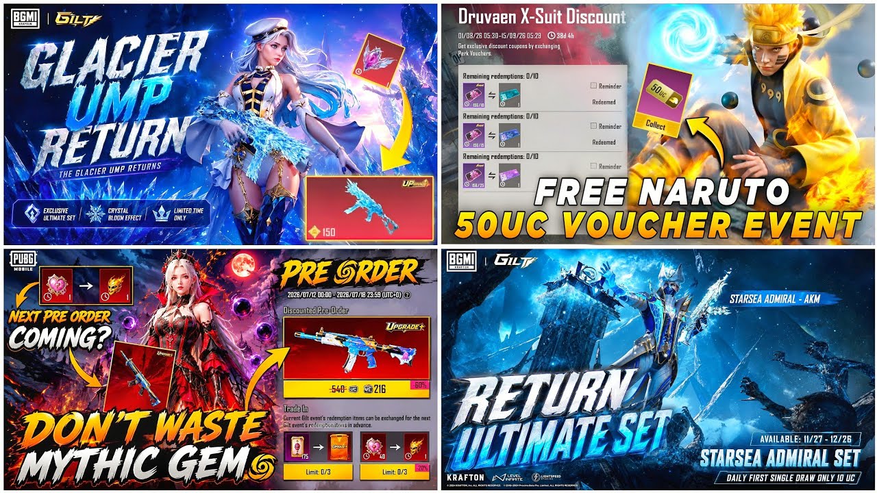 🔴 UMP GLACIER RETURN 🥶 NARUTO 50UC VOUCHER CONFIRM ✅ NEXT PRE ORDER EVENT 🔥 RETURN ULTIMATE SET 🤩