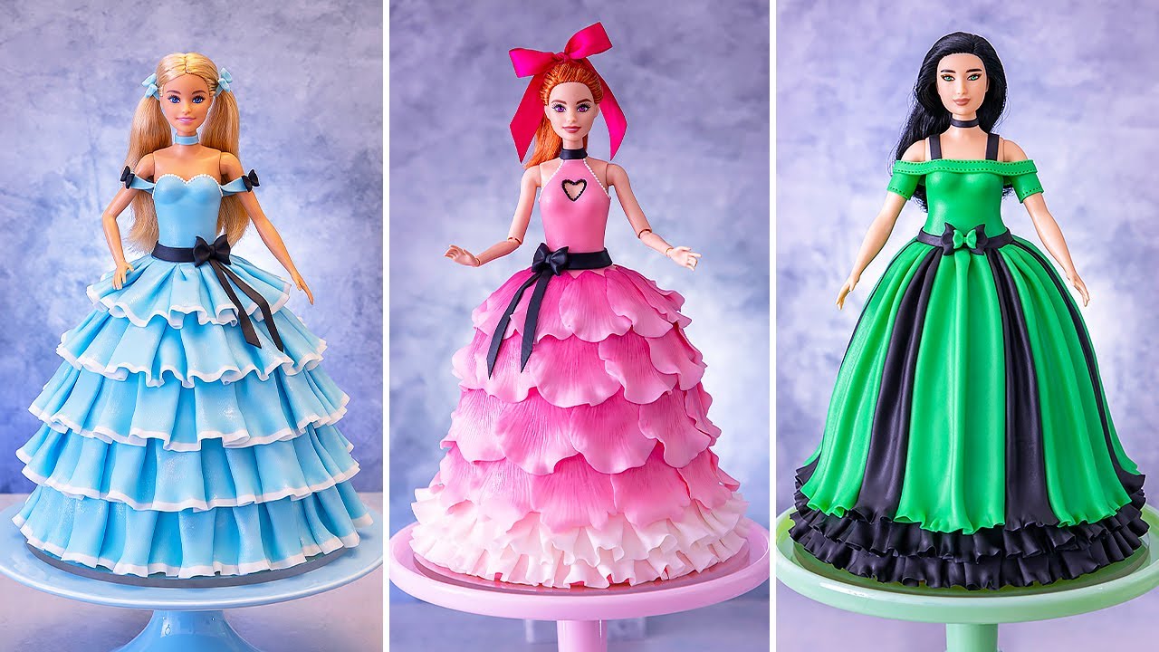 Barbie as the Powerpuff Girls 💙💖💚 Bubbles, Blossom and Buttercup Doll Cakes