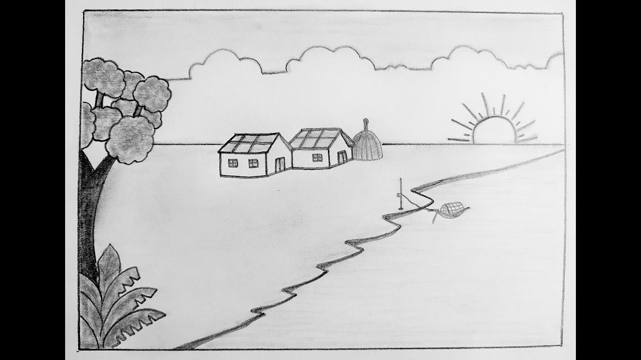 Pencil drawing of houses, sun and a boat on the shore   /   Landscape  drawing