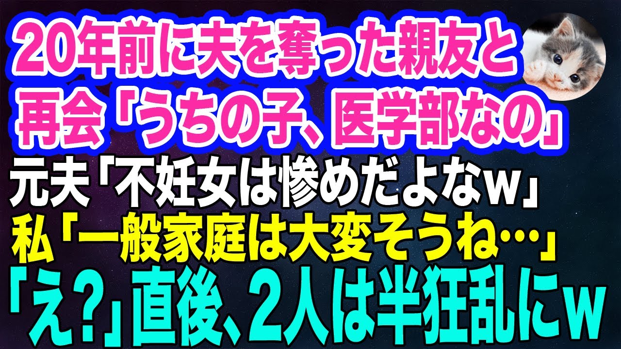 20年前に夫を奪った親友と再会「うちの子は天才だから医学部に入ったの」元夫「不妊で独身は惨めだよなｗ」→私「一般家庭は大変そうね」直後、2人は半狂乱にw【スカッとする話】