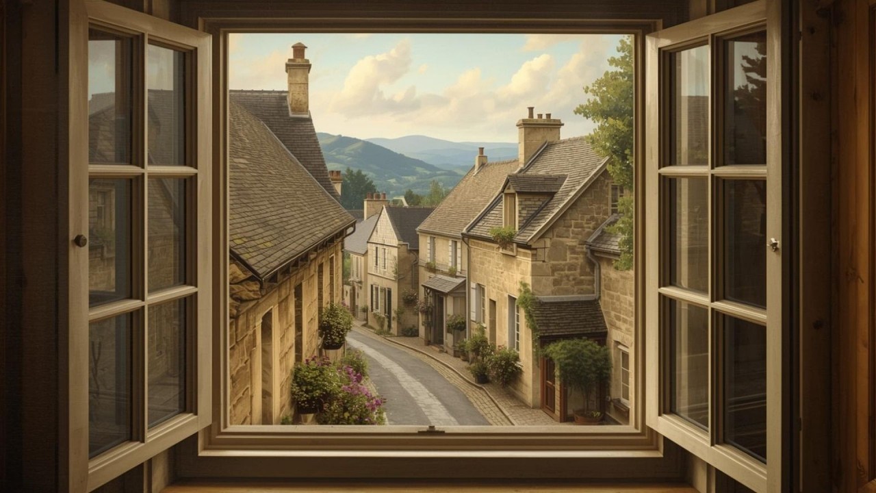 Window View Of French Country Village Vintage Painting | Frame TV Art | 2-Hour Screensaver
