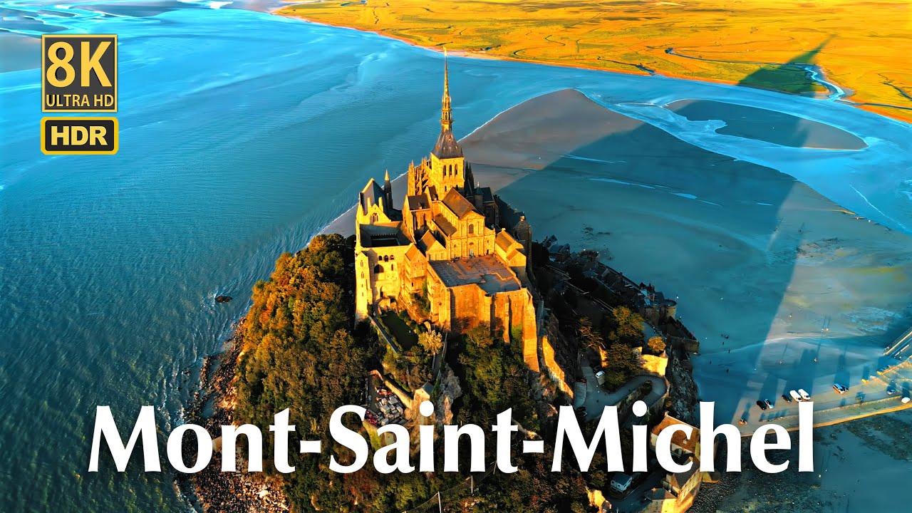 8K Ultra HDR - Mont-Saint-Michel aerial drone view, Normandy, France