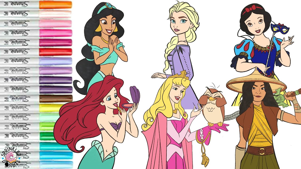 Disney Princess Coloring Book Compilation Ariel Elsa Aurora Raya Jasmine Snow White