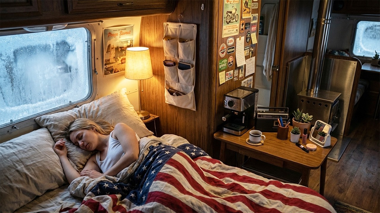 ❄️Soft Sleep in Nature:Resting Peacefully in Warm Camper with Wood Stove Glow in Snowy Winter Forest