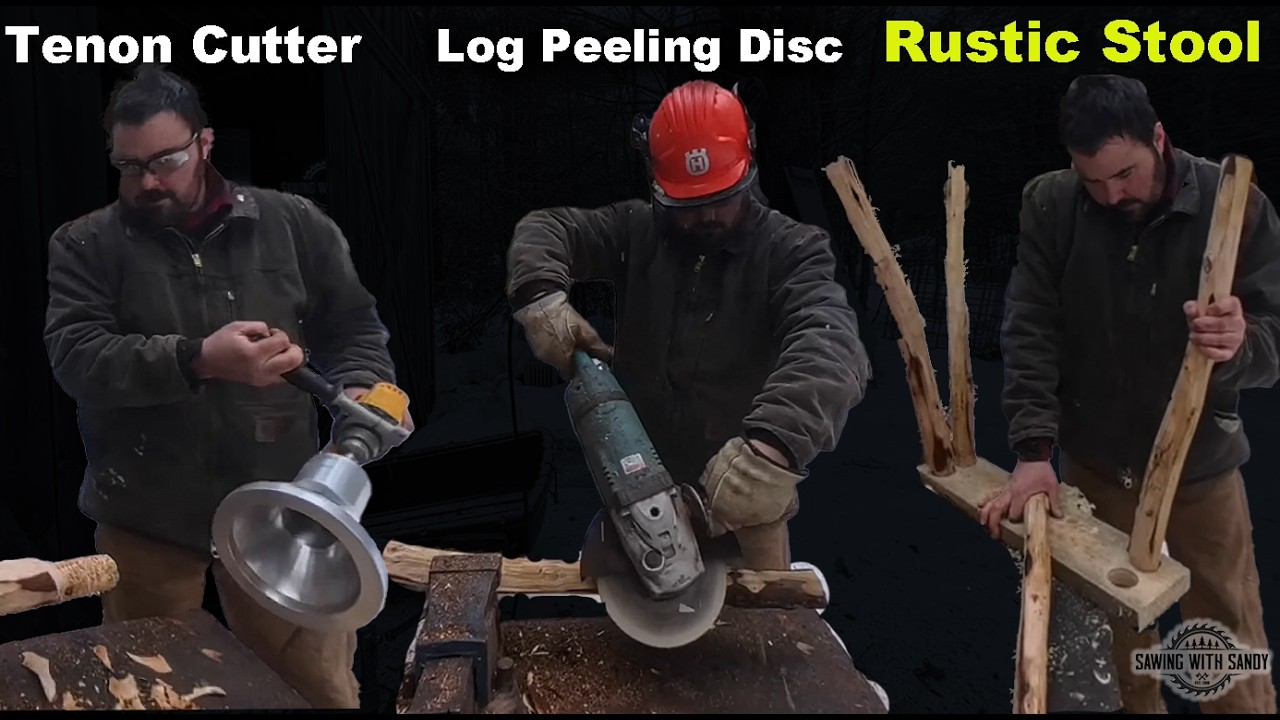 Изготовление деревенского табурета с помощью диска для снятия бревен и фрезы для шиповых соединений.