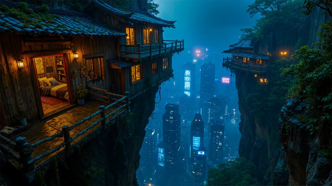 Wooden House on the Cliff | Warm Lights in a Cyberpunk Neon City | Mystical Sci-Fi Space | 4K