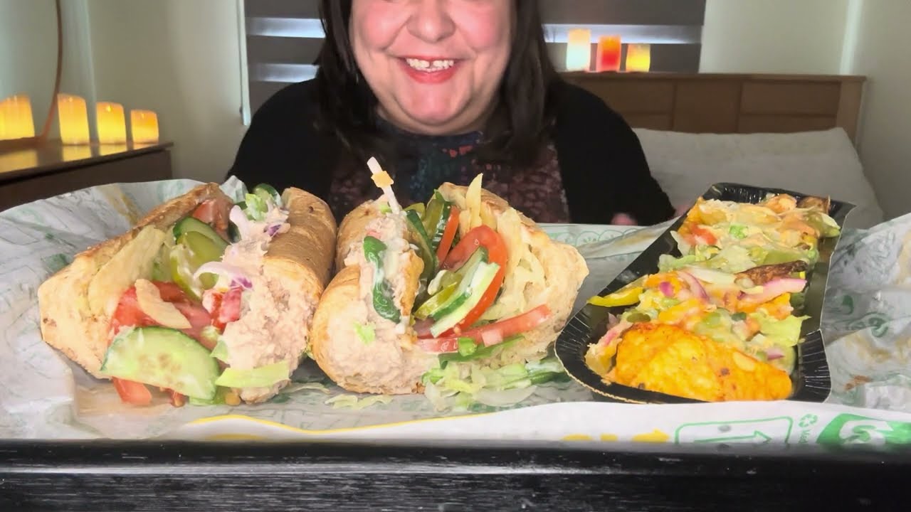 ASMR. SUBWAY MUKBANG | 12-INCH TUNA SUB | LOADED DORITOS NACHOS | EATING SOUNDS #fypyoutube #letseat