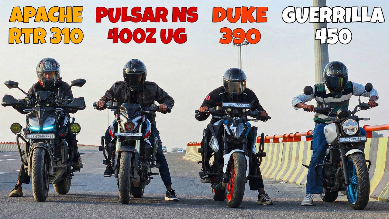 BAJAJ PULSAR NS400Z UG VS TVS APACHE RTR310 VS KTM DUKE390 VS ROYALENFIELD GUERRILA 450 || DRAGRACE 