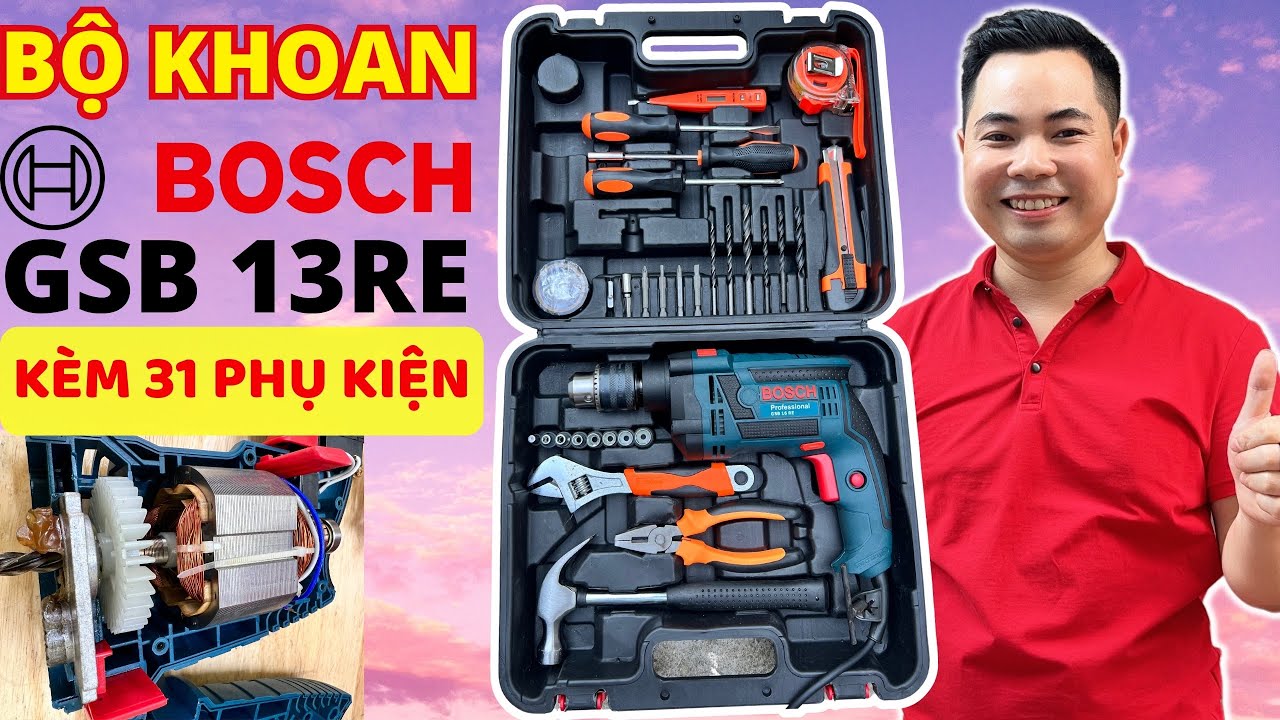 M&aacute;y khoan điện Bosch GSB 13RE khoan sắt, gỗ, tường, bắt v&iacute;t...k&egrave;m bộ đồ nghề gia đ&igrave;nh, gi&aacute; rẻ #550k