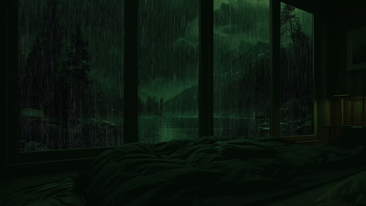 Relaxing Rain Sleep - Overnight In The Bedroom | Green Ambience And Rain Sounds Outside The Window