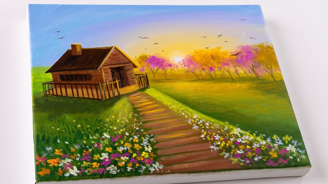 Sunset Landscape Painting | Scenery painting | Easy For Beginners